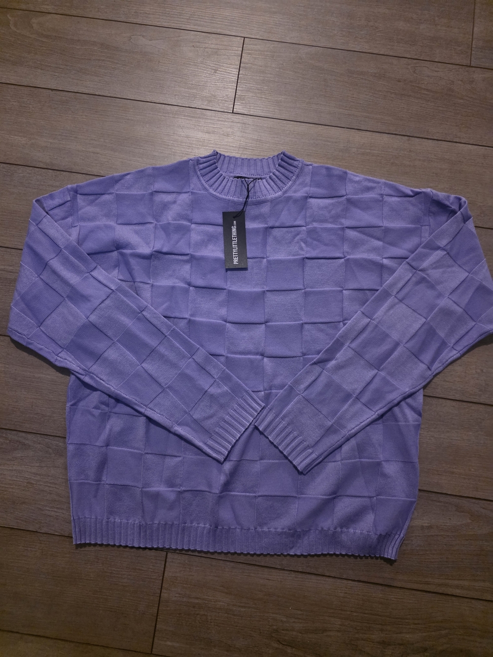 PrettyLittleThing Lilac Textured Check Crewneck Sweater